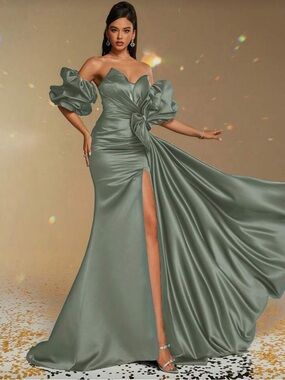 Strapless Puff-Sleeve Bow Detail Dress